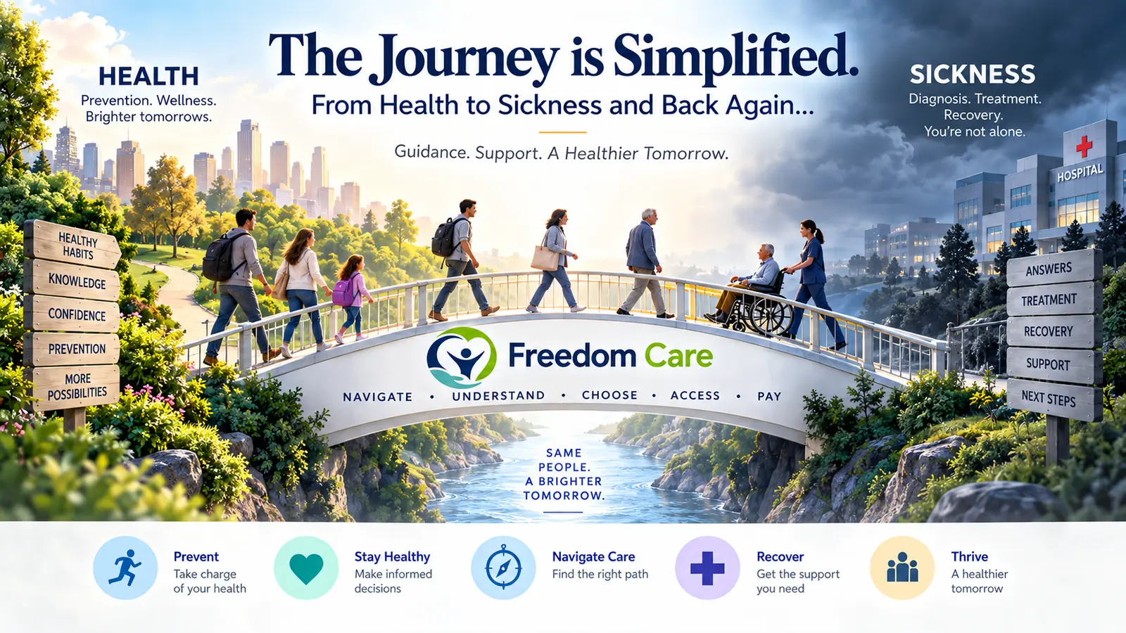 People crossing a Freedom Care bridge between everyday health and sickness, supported by prevention, navigation, treatment, recovery, and community care.